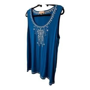 Philosophy Blue Tunic with White Embroidery Size 1X Boho Peasant Style Top